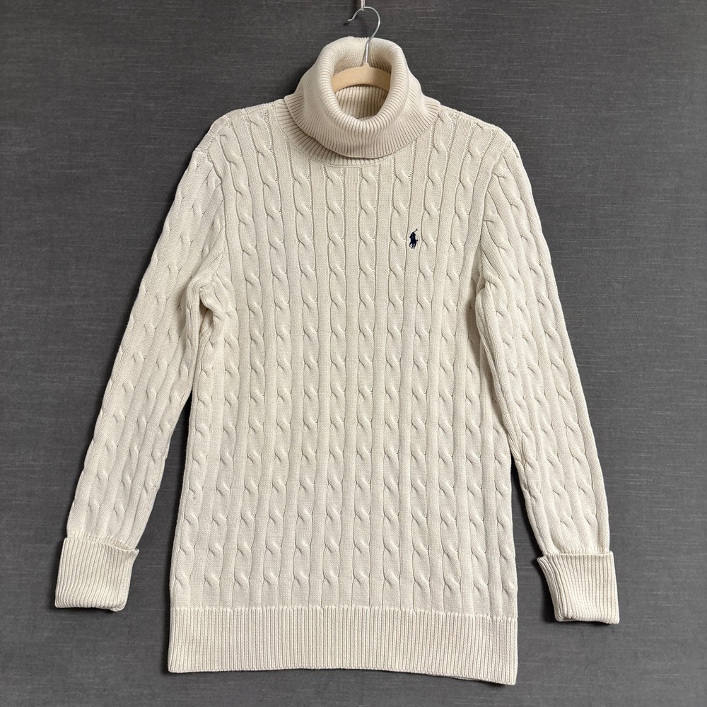 Vintage Ralph Lauren Sport Sweater L Cream Cotton Cable Knit Turtleneck Preppy